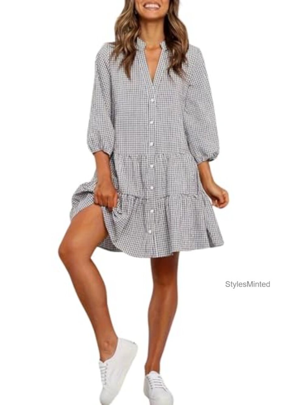 Plaid Shirt Dress 3/4 Puff Sleeve Button Down Midi Dress Pockets